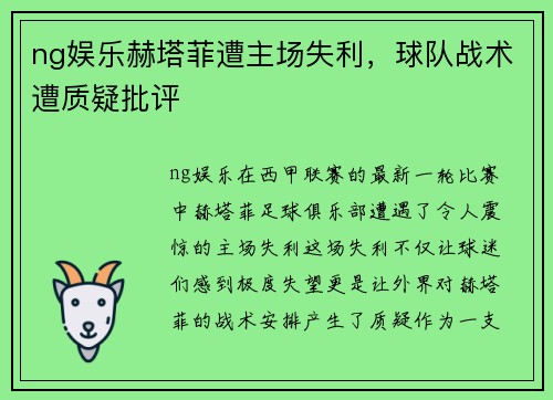 ng娱乐赫塔菲遭主场失利，球队战术遭质疑批评