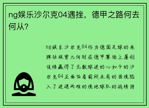 ng娱乐沙尔克04遇挫，德甲之路何去何从？