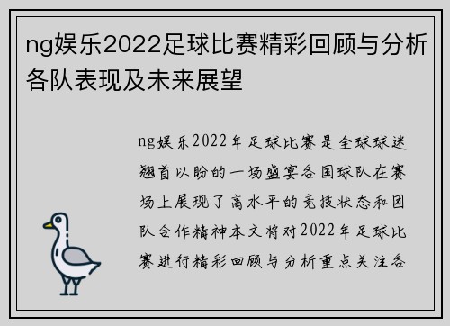 ng娱乐2022足球比赛精彩回顾与分析各队表现及未来展望