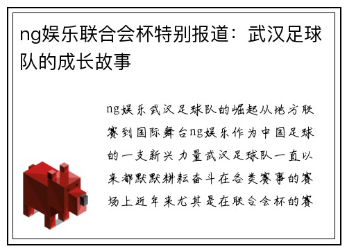 ng娱乐联合会杯特别报道：武汉足球队的成长故事